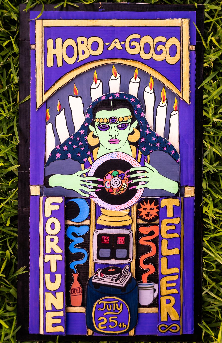 Hand-painted Hobo-A-Gogo flyer: a fortune teller reading a vinyl record like a crystal ball, Fortune Teller, July 25th